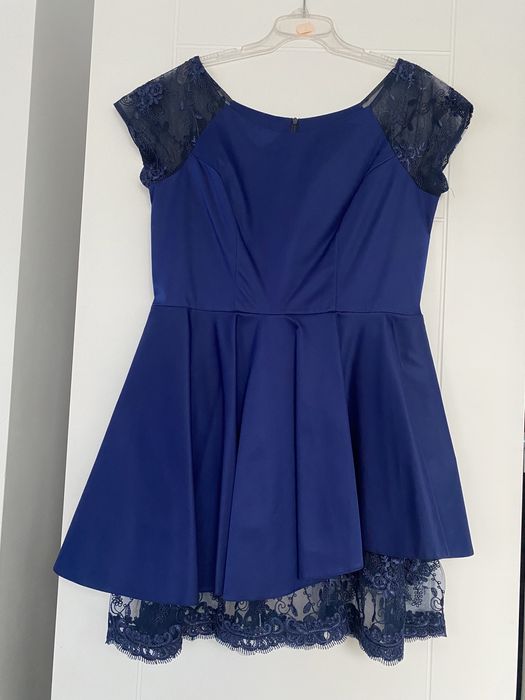 Granatowa sukienka z koronką XXL 46 asymetryczna