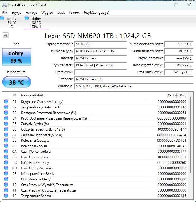 Lexar 1TB M.2 PCIe NVMe NM620 STAN IDEALNY 2.5 roku gwar.