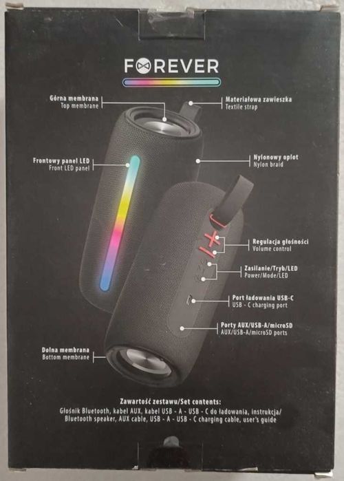 FOREVER Sonicwave, przenośny głośnik LED Bluetooth, 2x10 W