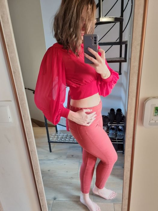 Czerwona koszula prześwitująca crop top krótka