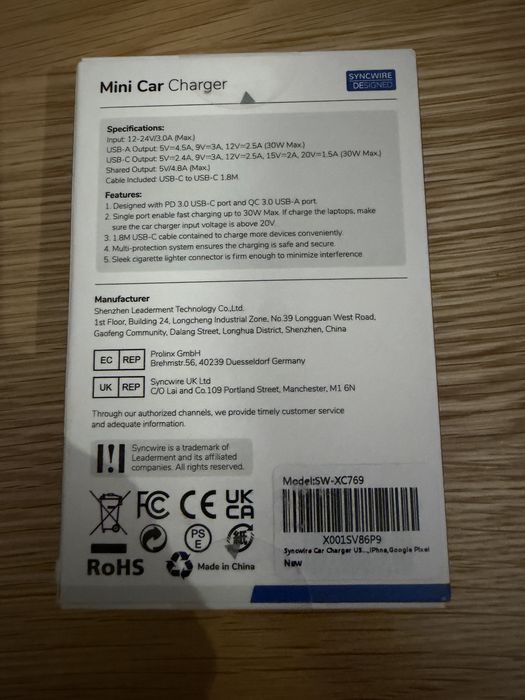 Ładowarka samochodowa usb-c & usb.