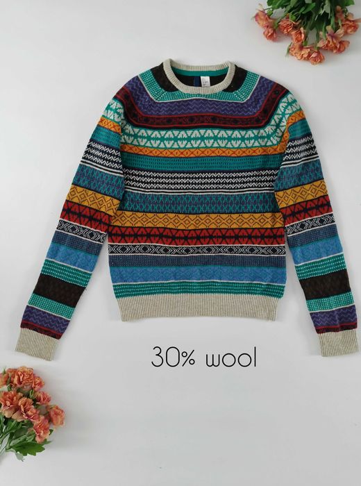 Wełniany sweter damski męski hippie cozy casual 30% wool H&M 36 S