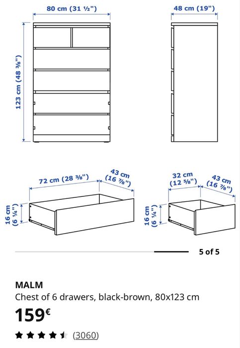 Malm Cómoda IKEA 6 gavetas em Madeira Castanha