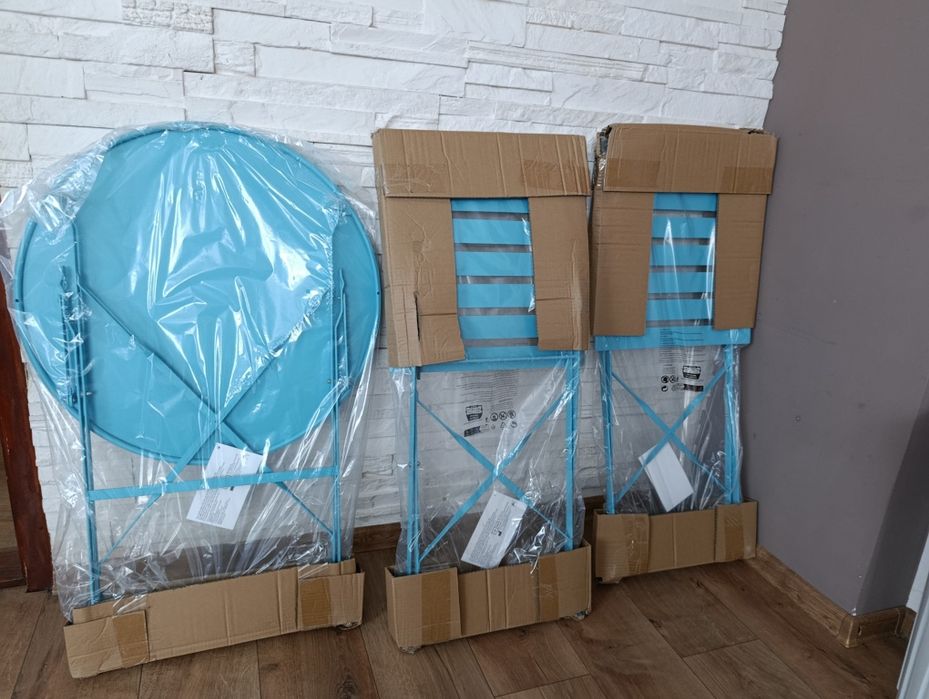 Zestaw bistro ogrodowy 3w1 niebieski – stół + 2 krzesła składane NOWY