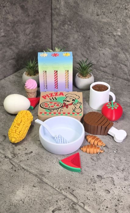 Друкована 3Д їжа, 3D їжа,піца, ніжка, томат, кукурудза, яйце, кава, морозиво, макарони, кавун