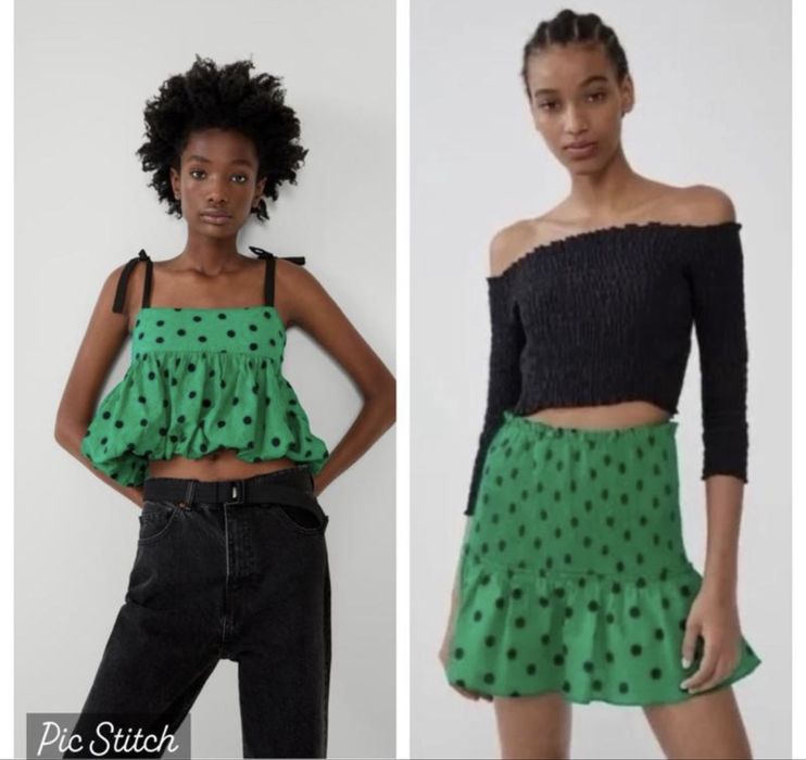 Жіночій костюм Zara зелений костюм в горох зі спідницею і топом Zara