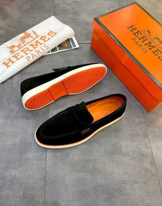 Чоловічі лофери Hermes, натуральна замша, чорні, гнучка гумова підошва, Китай, розміри 40-45