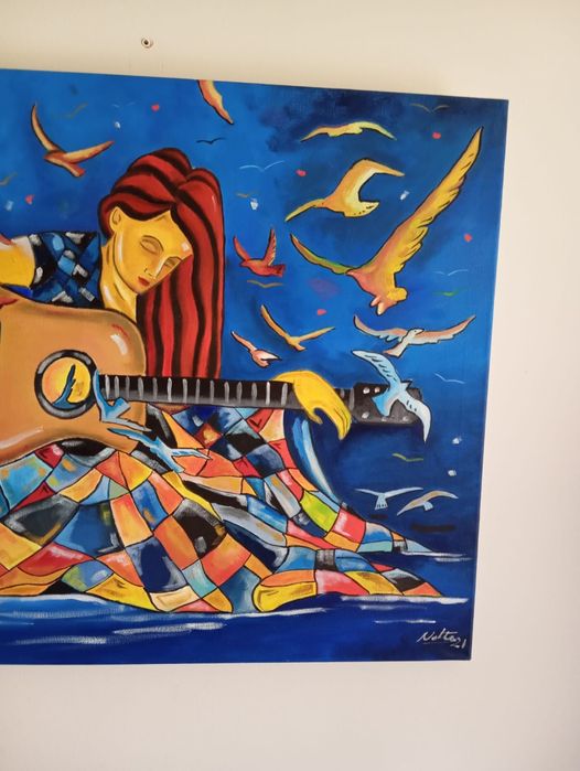 Tela Pintura á mão - Menina da Guitarra