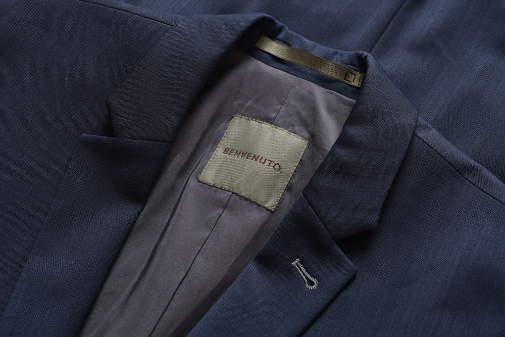 BENVENUTO Othello elegancka granatowa marynarka 43% wełna strecz r. 48