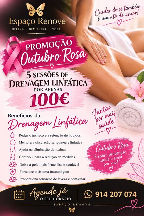 5 Sessões de Drenagem Linfática Outubro Rosa