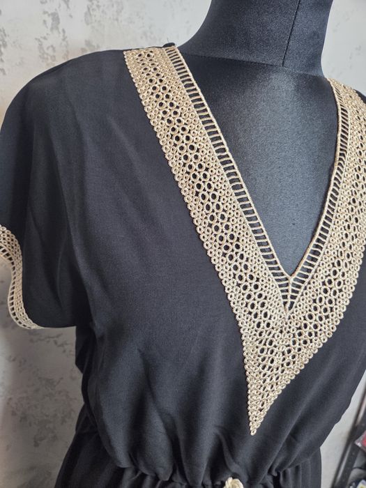 Nowa sukienka letnia Boho luźna plażowa przewiewna gumka w pasie dekol