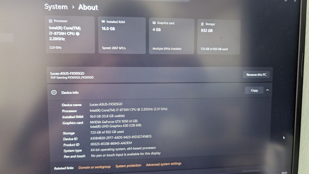 Portátil Gaming Asus TUF FX505GD (i7/GTX1050/16GB/1TB)