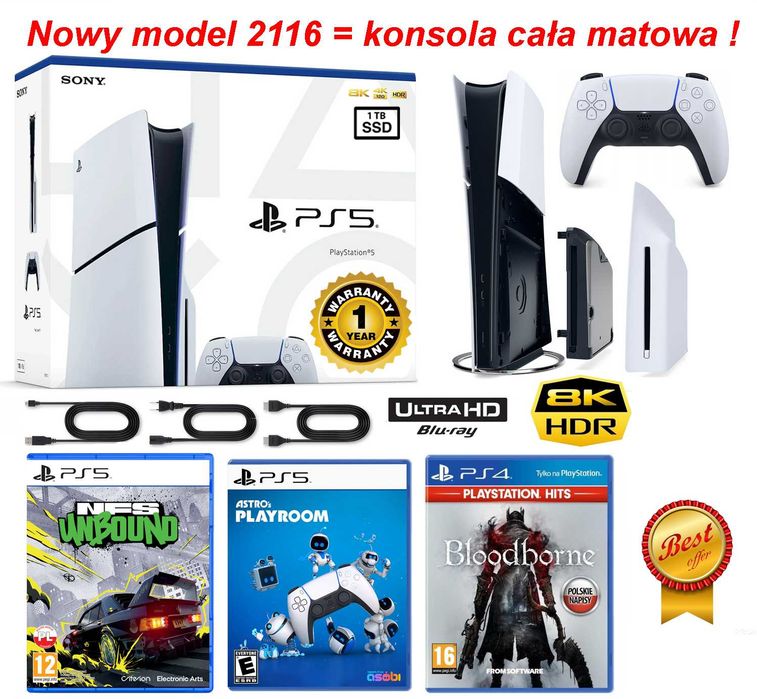 PS5 Slim 1TB z napędem + gry + pad Dualsense + nowy model 2116 NEW + ROK Gwarancji