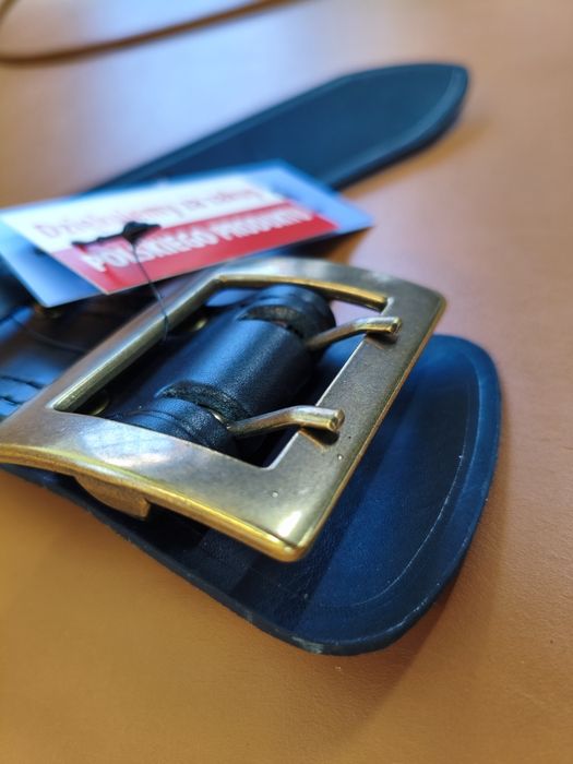 Piękny Szyty Pas Oficerski Skóra Czarna Licowa Klamra Vintage Mosiądz Dł.135