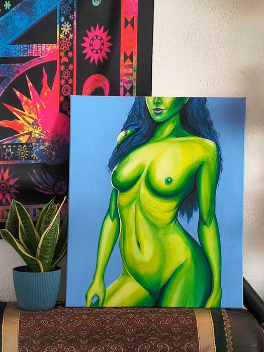 Ręcznie malowany zielony akt kobiecy – akryl na płótnie