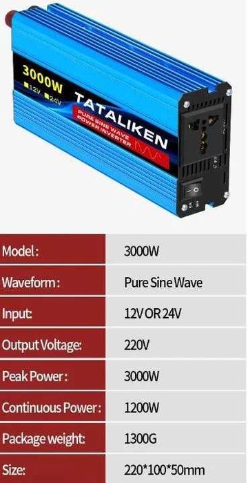 Інвертор перетворювач 12-24V на 220V з чистою синусоїдо Tataliken 3000