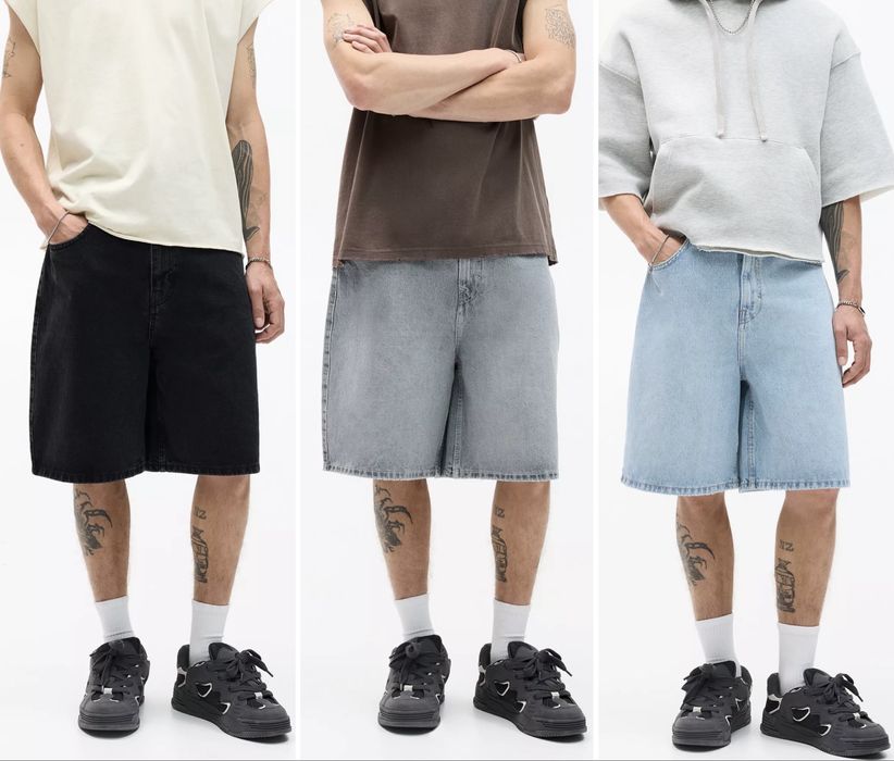 Широкі Чоловічі Шорти PULL&BEAR Baggy Loose Fit Чоловічі Оригінал Нові Чорні Джинсові Широкие Джинсы Шорты Shorts Пул Бир