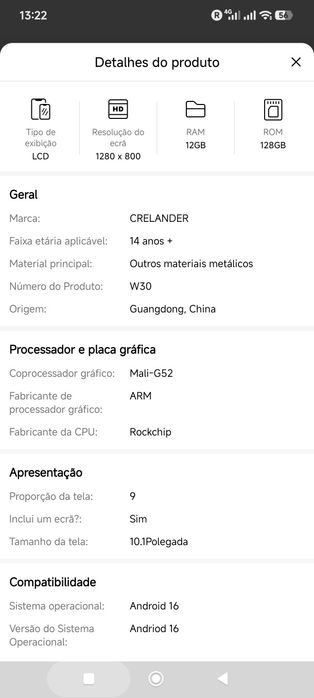 Tablet Android 16' novo na caixa