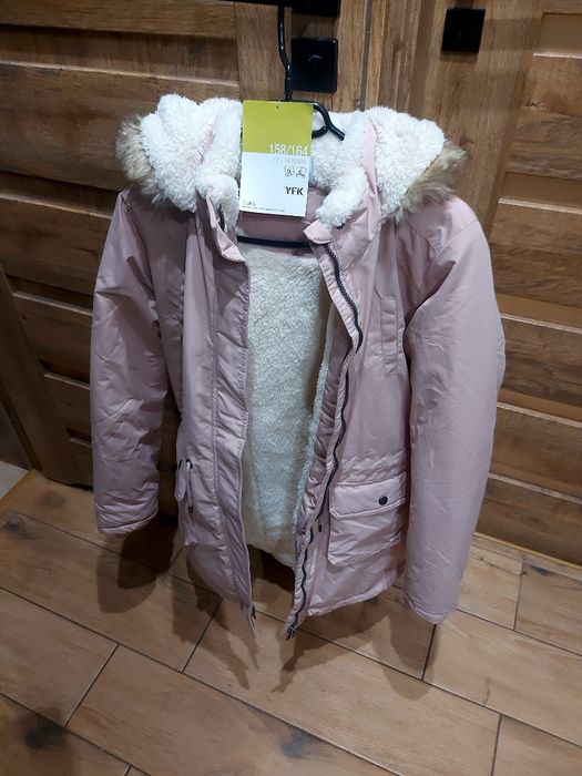 Kurtka zimowa ciepła 158 164 nowa  metka taliowana pudrowy roz parka