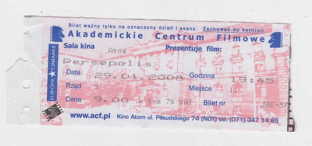 Bilet kinowy kolekcjonerski kino Atom Wrocław 29.01.2008 Persepolis pamiątka retro