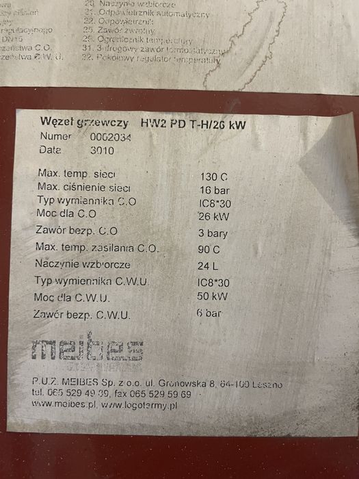 MEIBES kompletna stacja wymiennikowa. Wezel cieplny. Wymiennik 26/50kW