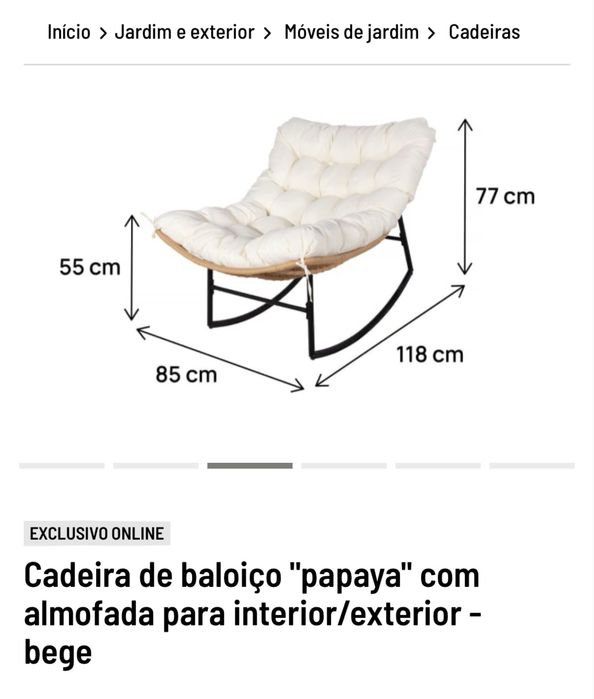 Cadeira de baloiço com almofada para interior/exterior - bege