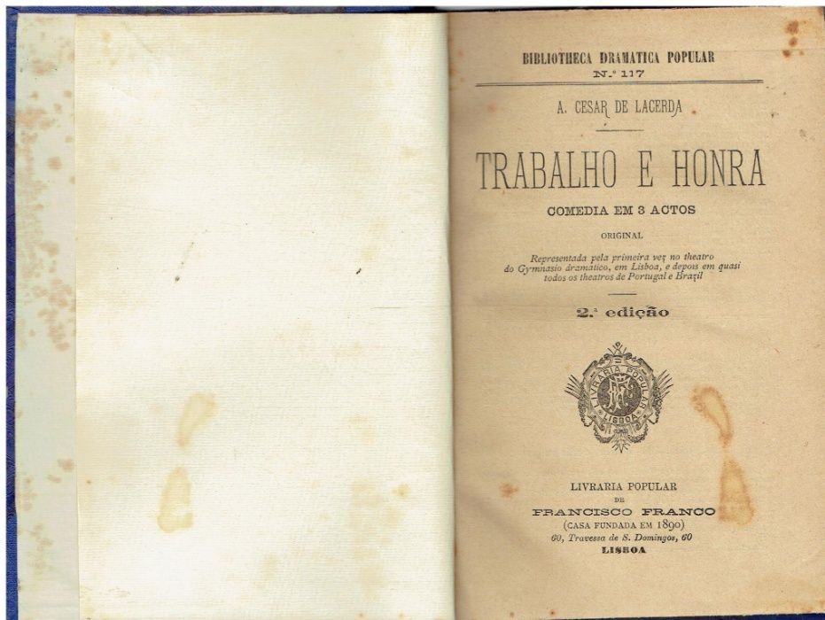 3555 Trabalho e Honra, Comedia em tres actos. de A. Cesar de Lacerda