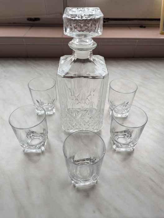 Karafka szklana kryształ.z korkiem i 5 szklaneczek - antyk z PRL - kpl