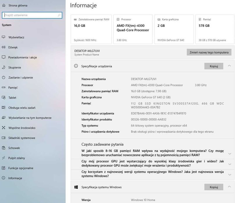 Komputer stacjonarny PC z monitorem 8GB RAM 120GB SSD 500GB HDD W10