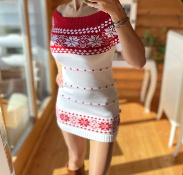 Krótka tunika / sweterek na Święta prezent czerwona biała S/M