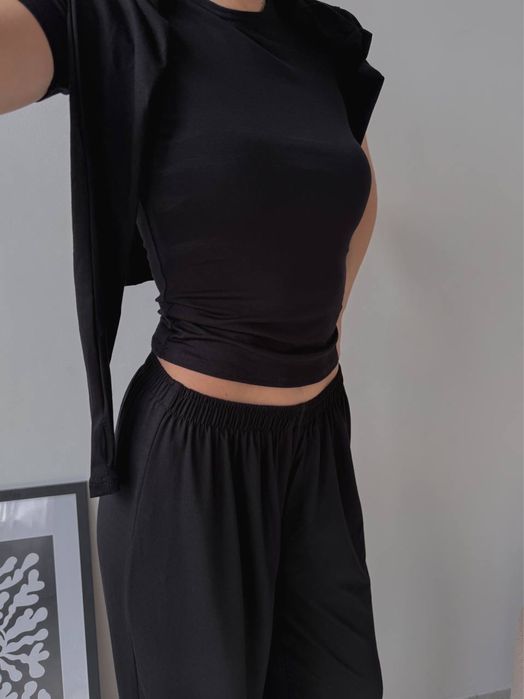 Костюм трійка, лонгслів , штани палаццо, футболка, базовий костюм