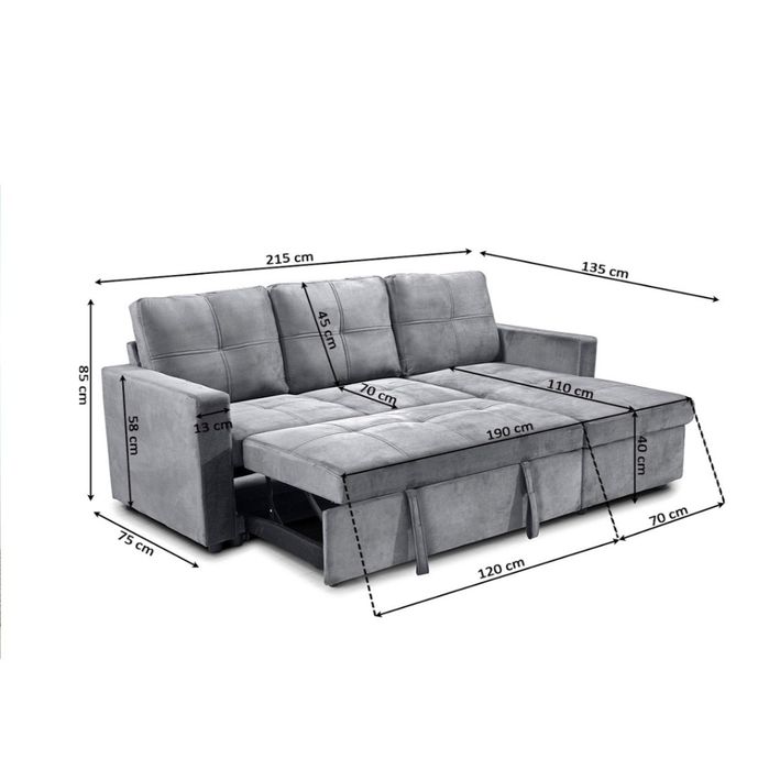 Sofá-Cama Chaise Longue com Baú - Cinzento Aveludado
