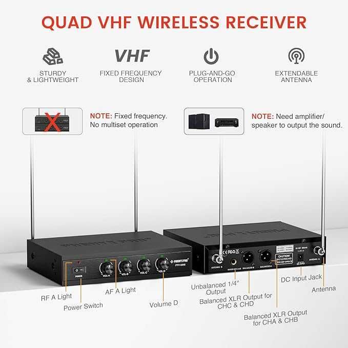 Phenyx Pro PTV-2000 Bezprzewodowy system mikrofonowy, 4-kanały, VHF