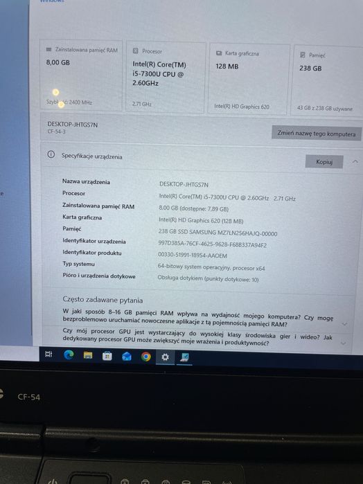 Pancerny Panasonic CF-54 Mk3 i5-7300u 8GB 256GB SSD Windows 11 Pro + LTE