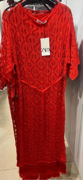 Zara szydełkowa ażurowa sukienka z frędzlami S/M