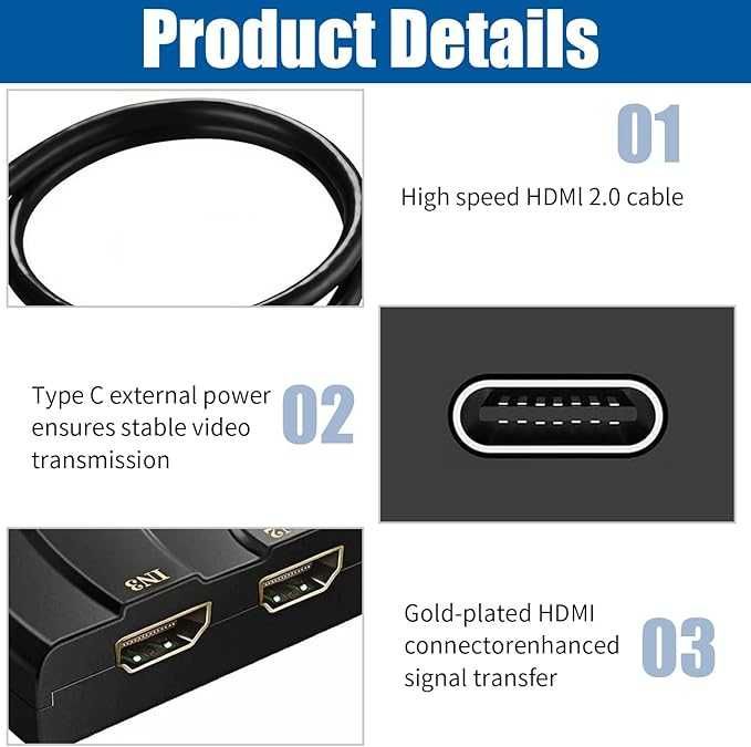 Interruptor HDMI 4K, adaptador HDMI de 3 entradas, 1 saída