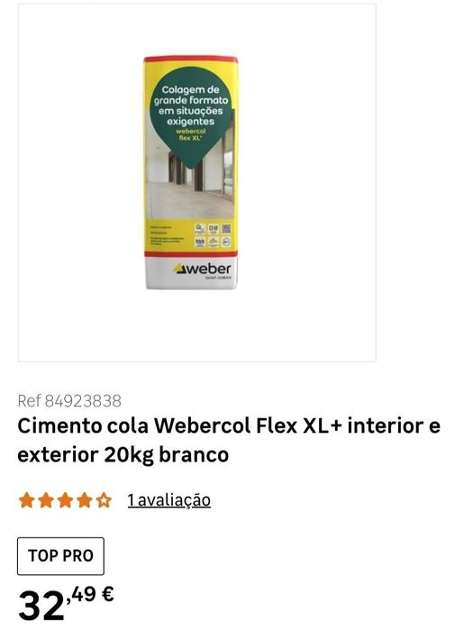 Cimento cola Webercol Flex XL+ interior e exterior 20kg branco.