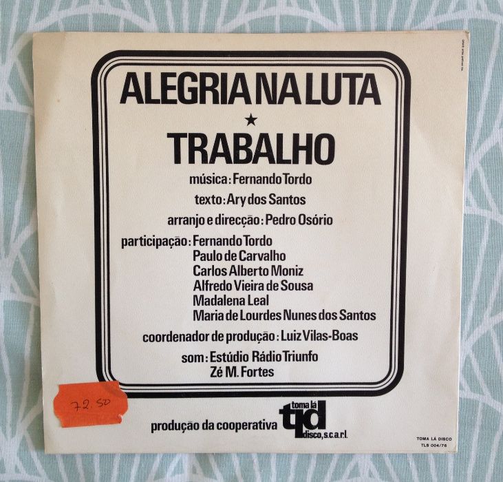 Disco Vinil "Fernando Tordo, Ary dos Santos ‎– Alegria Na Luta"