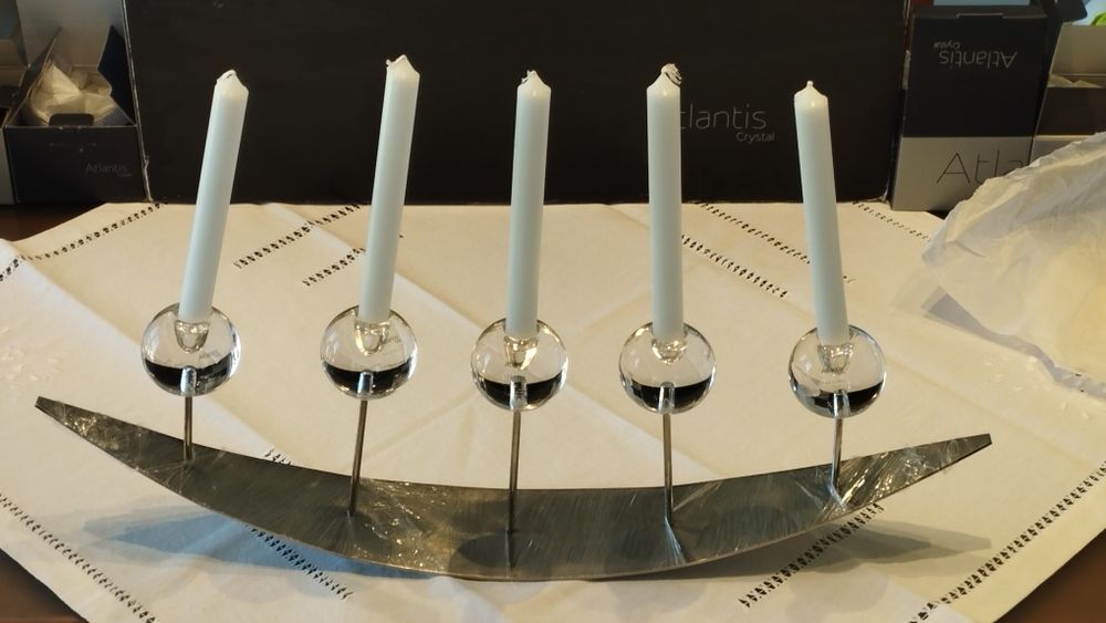Candelabro 5 Velas Atlantis "Ritual" em Cristal e Aço Inox – Novo em Caixa Original