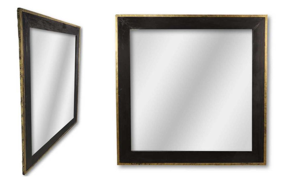 Kwadratowe lustro ścienne z drewna tekowego Aurelie czarno-złote 90x90