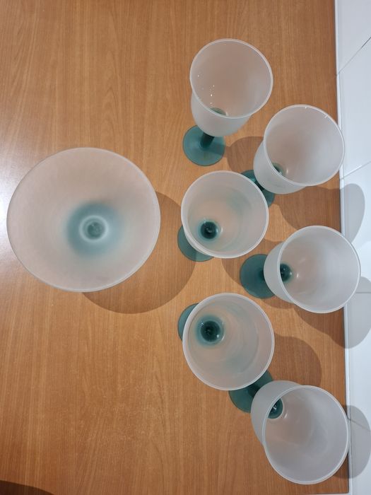 Conjunto Vintage de Taça e 6 Copos em Vidro Fosco – Vidrios do Levante Spain