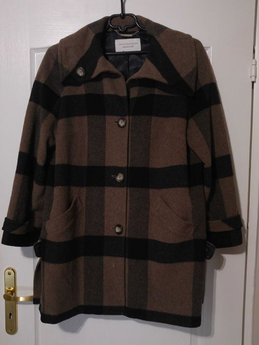 Płaszcz, kurtka dłuższa damska wełniana w kratę - OKAZJA