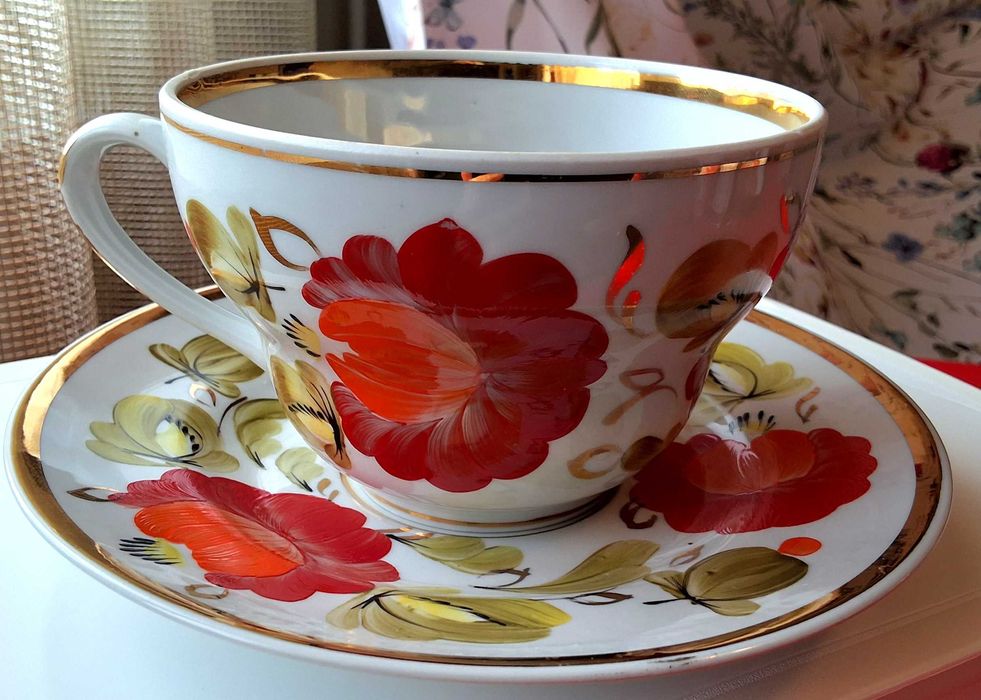 Большая чайная пара,чашка гигант 0.5л, блюдце,посуда, фарфор, Кремгэс.