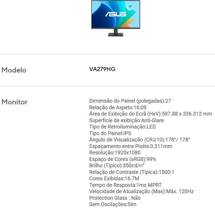 Monitor de Gaming ASUS VA279HG Eye Care – 27 polegadas NOVO