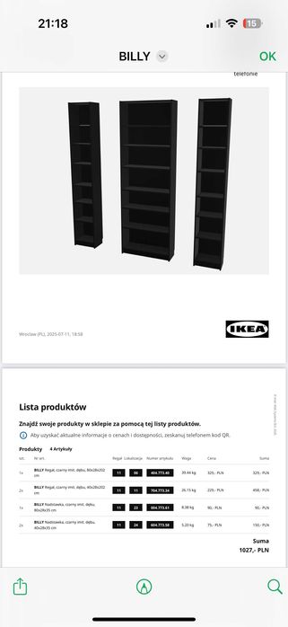Komplet regałów Billy IKEA z nadstawkami