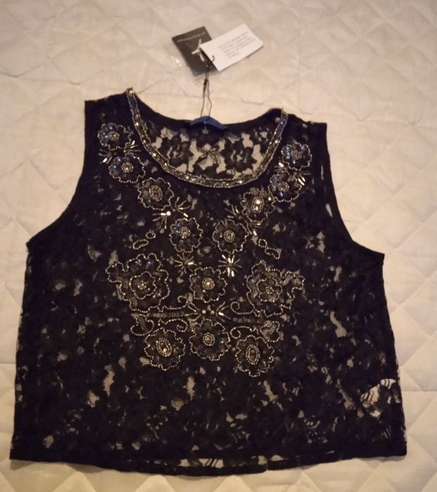 Nowa przepiękna bluzka wyjściowa z koronki bogato ozdobiona