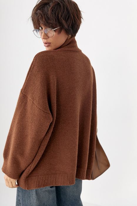 Вʼязаний кардиган оверсайз на блискавці, шоколадний, тепла кофта