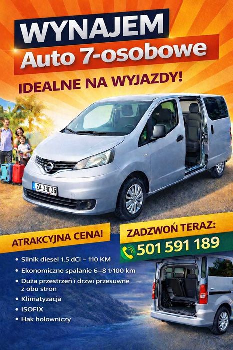 Wynajem Auto 7-osobowe / Pewny Stan /  Atrakcyjne Ceny / Wakacje / Wypożyczę / Ekonomiczne / Tanio /  Kostrzyn / Nekla / Swarzędz / Kórnik /  Września