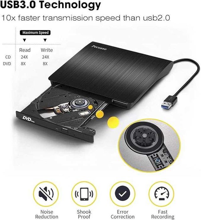 Zewnętrzny napęd CD/DVD USB 3.0, przenośna nagrywarka CD/DVD-RW