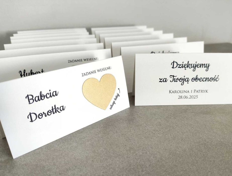 Dwustronne winietki ze zdrapka z zadaniami dla gości weselnych